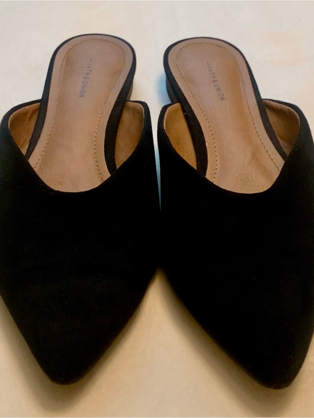 Women’s 14th & Union Black Suede Pointed Slip-On Mules, Size 7